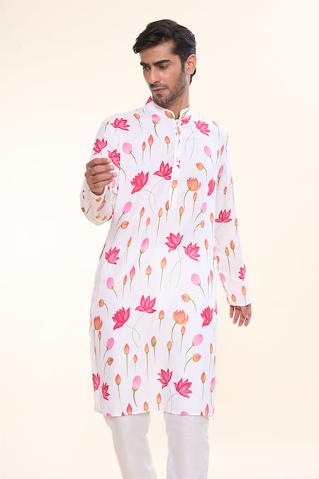 Arihant Rai Sinha White Soft Cotton Printed Lotus Straight Kurta 