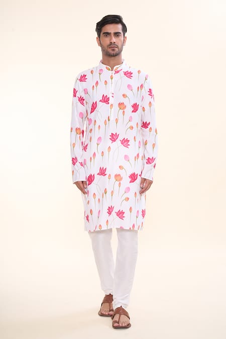 Buy_Arihant Rai Sinha_White Cotton Lotus Print Straight Kurta _Online_at_Aza_Fashions