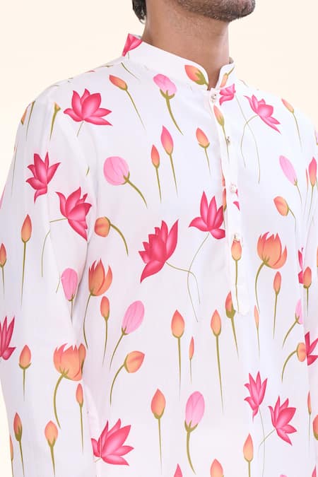 Arihant Rai Sinha_White Cotton Lotus Print Straight Kurta _at_Aza_Fashions