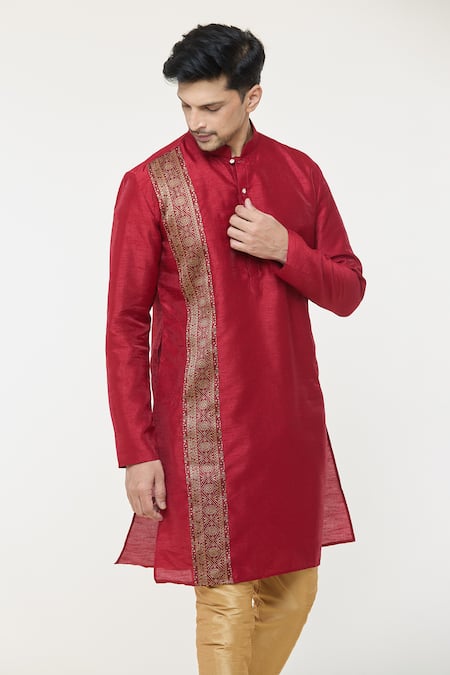 Shop Arihant Rai Sinha Red Silk, Cotton Patchwork Kurta With Churidar Online at Aza Fashions Shop_Arihant Rai Sinha_Red Silk, Cotton Patchwork Kurta With Churidar _Online_at_Aza_Fashions