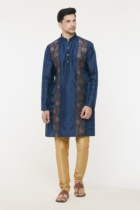 Buy_Arihant Rai Sinha_Blue Silk Embroidery Paisley Pattern Straight Kurta _Online_at_Aza_Fashions