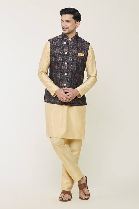 Shop_Arihant Rai Sinha_Blue Jacquard Embroidery Nehru Jacket With Floral And Paisley Patterns _Online_at_Aza_Fashions