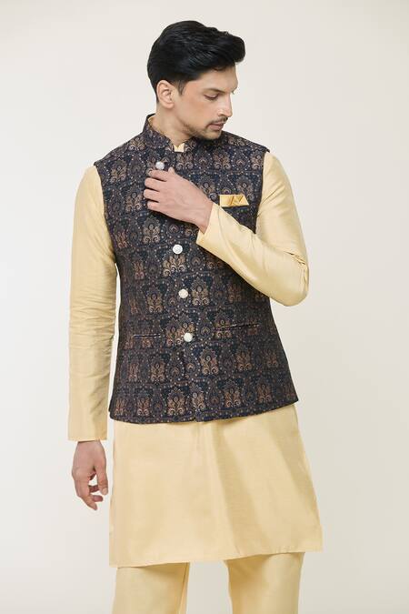 Arihant Rai Sinha_Blue Jacquard Embroidery Nehru Jacket With Floral And Paisley Patterns _at_Aza_Fashions