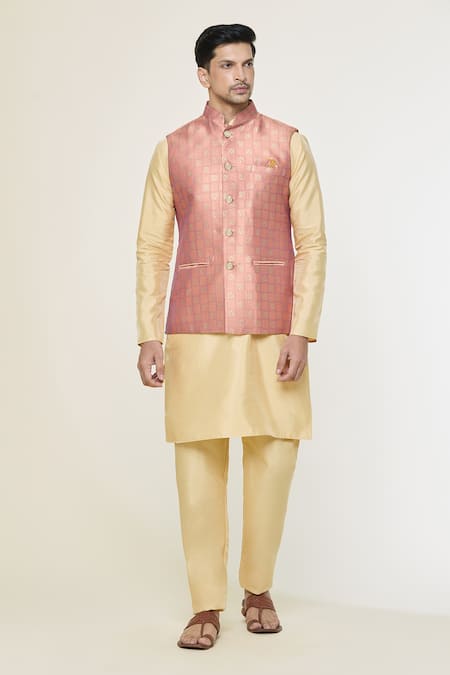 Arihant Rai Sinha Pink Jacquard Embroidery Floral Geometric Woven Nehru Jacket Online at Aza Fashions Arihant Rai Sinha_Pink Jacquard Embroidery Floral Geometric Woven Nehru Jacket _Online_at_Aza_Fashions