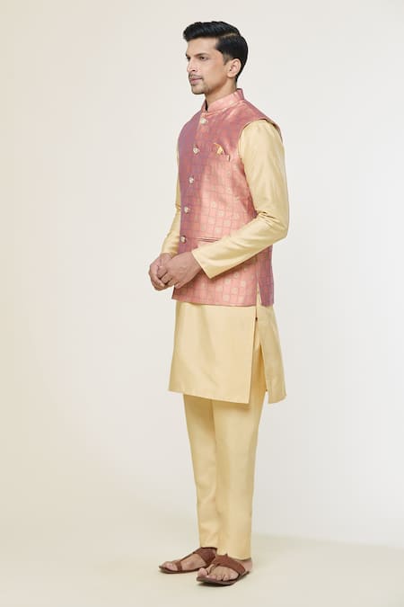 Shop Arihant Rai Sinha Pink Jacquard Embroidery Floral Geometric Woven Nehru Jacket Online at Aza Fashions Shop_Arihant Rai Sinha_Pink Jacquard Embroidery Floral Geometric Woven Nehru Jacket _Online_at_Aza_Fashions