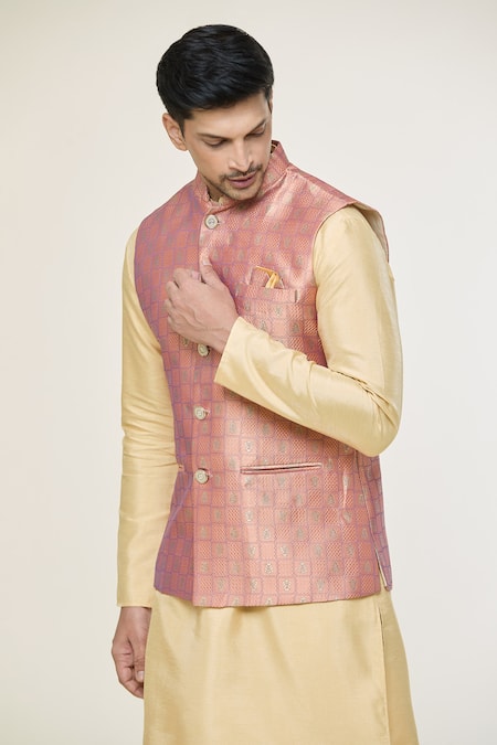 Arihant Rai Sinha Pink Jacquard Embroidery Floral Geometric Woven Nehru Jacket at Aza Fashions Arihant Rai Sinha_Pink Jacquard Embroidery Floral Geometric Woven Nehru Jacket _at_Aza_Fashions
