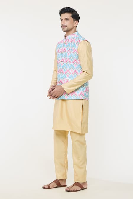 Buy_Arihant Rai Sinha_Cream Silk Multi Color Chevron Nehru Jacket _Online_at_Aza_Fashions