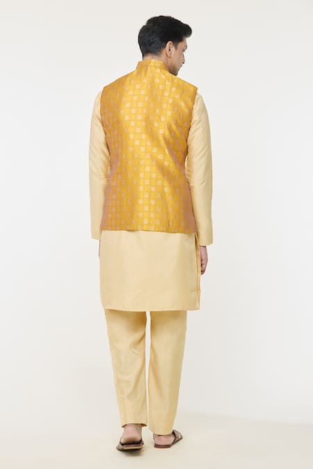 Shop Arihant Rai Sinha Yellow Jacquard Floral Geometric Woven Nehru Jacket at Aza Fashions Shop_Arihant Rai Sinha_Yellow Jacquard Floral Geometric Woven Nehru Jacket _at_Aza_Fashions