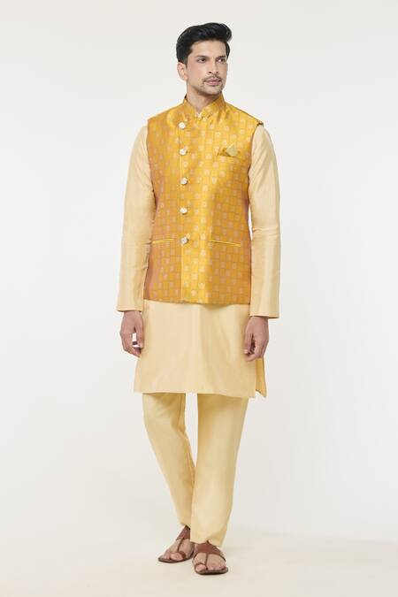 Arihant Rai Sinha Yellow Jacquard Floral Geometric Woven Nehru Jacket Online at Aza Fashions Arihant Rai Sinha_Yellow Jacquard Floral Geometric Woven Nehru Jacket _Online_at_Aza_Fashions