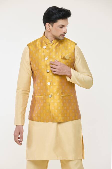 Arihant Rai Sinha Yellow Jacquard Floral Geometric Woven Nehru Jacket at Aza Fashions Arihant Rai Sinha_Yellow Jacquard Floral Geometric Woven Nehru Jacket _at_Aza_Fashions