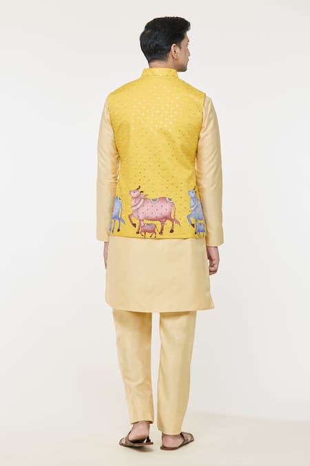 Shop Arihant Rai Sinha Yellow Cotton Sequins, Embroidery Nehru Jacket at Aza Fashions Shop_Arihant Rai Sinha_Yellow Cotton Sequins, Embroidery Nehru Jacket _at_Aza_Fashions