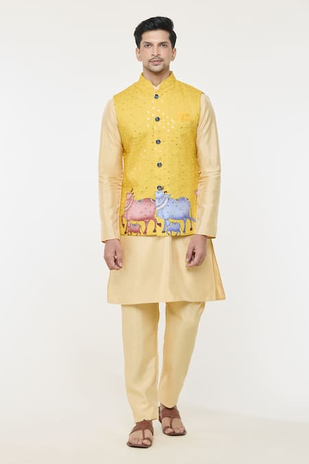 Arihant Rai Sinha Yellow Cotton Sequins, Embroidery Nehru Jacket Online at Aza Fashions Arihant Rai Sinha_Yellow Cotton Sequins, Embroidery Nehru Jacket _Online_at_Aza_Fashions