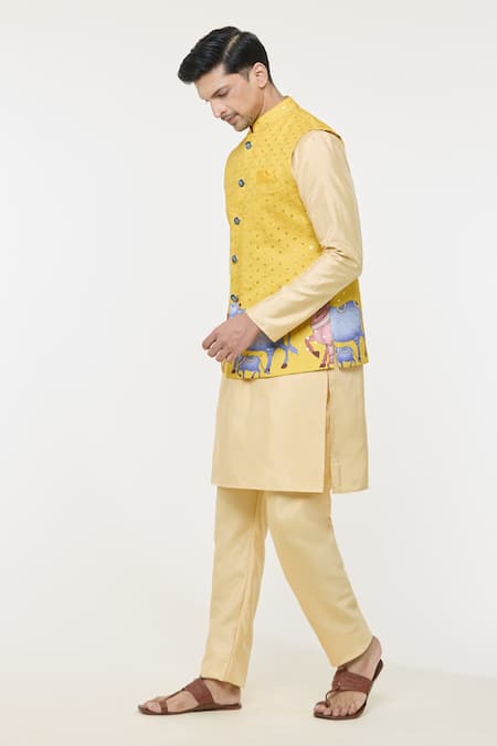Shop Arihant Rai Sinha Yellow Cotton Sequins, Embroidery Nehru Jacket Online at Aza Fashions Shop_Arihant Rai Sinha_Yellow Cotton Sequins, Embroidery Nehru Jacket _Online_at_Aza_Fashions