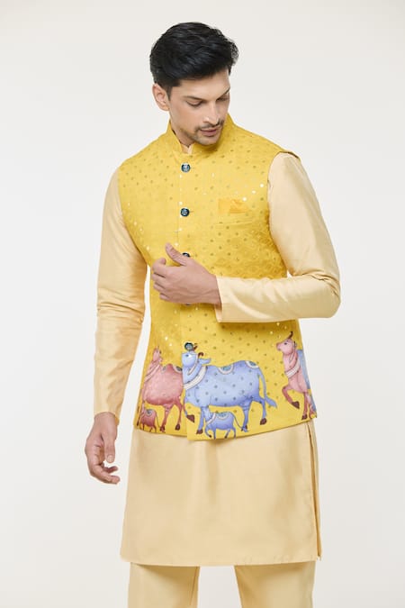 Arihant Rai Sinha Yellow Cotton Sequins, Embroidery Nehru Jacket at Aza Fashions Arihant Rai Sinha_Yellow Cotton Sequins, Embroidery Nehru Jacket _at_Aza_Fashions