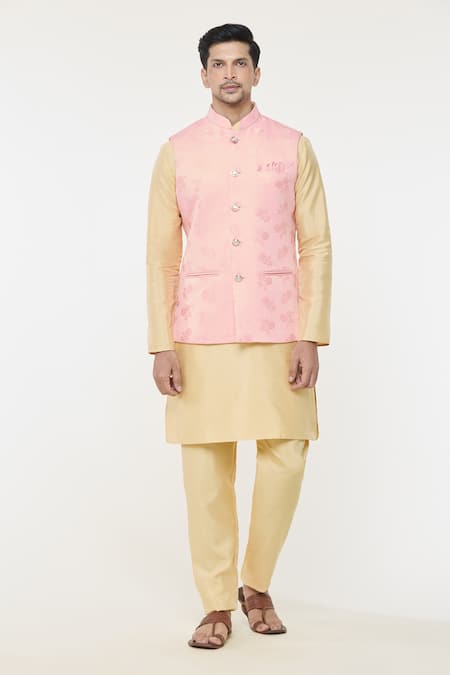 Arihant Rai Sinha_Pink Jacquard Embroidery Rose Woven Nehru Jacket _Online_at_Aza_Fashions