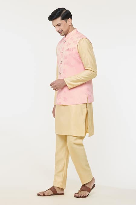 Shop_Arihant Rai Sinha_Pink Jacquard Embroidery Rose Woven Nehru Jacket _Online_at_Aza_Fashions