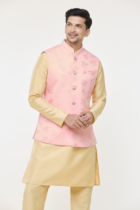 Arihant Rai Sinha_Pink Jacquard Embroidery Rose Woven Nehru Jacket _at_Aza_Fashions