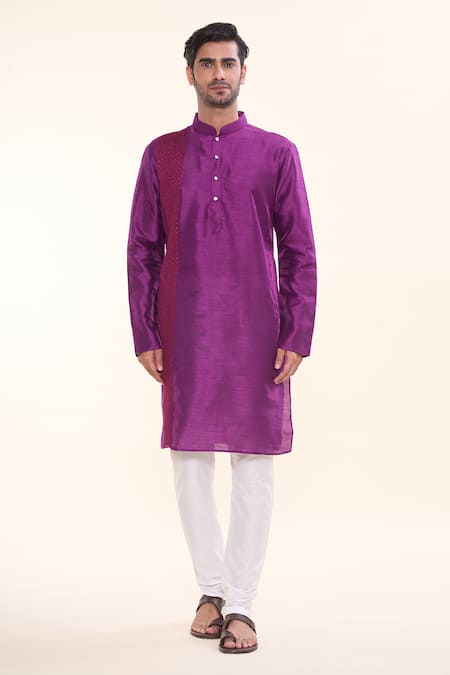 Arihant Rai Sinha_Purple Silk, Acrylic, Cotton Patchwork Vine Embroidered Kurta With Churidar _Online_at_Aza_Fashions