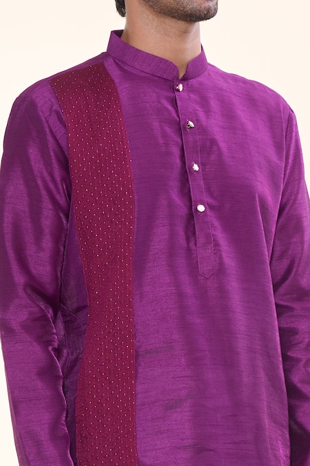 Shop_Arihant Rai Sinha_Purple Silk, Acrylic, Cotton Patchwork Vine Embroidered Kurta With Churidar _Online_at_Aza_Fashions