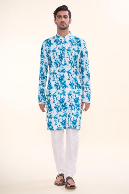 Buy_Arihant Rai Sinha_Blue Cotton, Silk Tie Dye Splash Print Kurta With Churidar _Online_at_Aza_Fashions