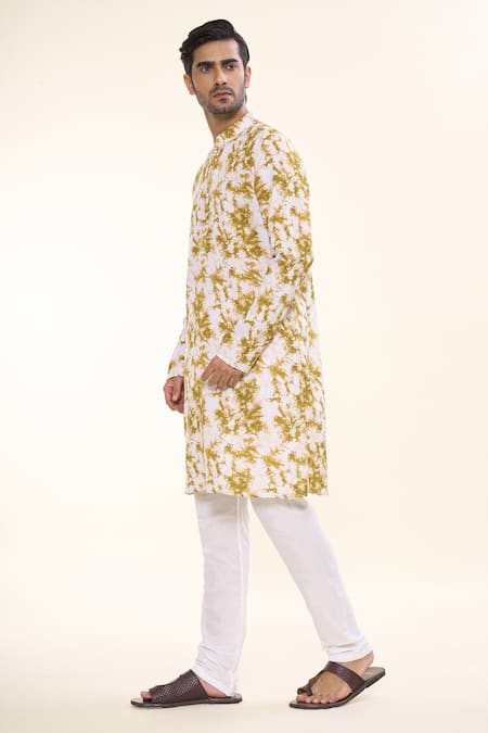 Buy_Arihant Rai Sinha_Yellow Cotton Tie Dye Swerve Print Kurta With Churidar _Online_at_Aza_Fashions