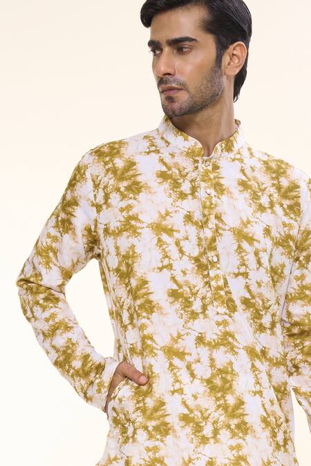 Shop_Arihant Rai Sinha_Yellow Cotton Tie Dye Swerve Print Kurta With Churidar _Online_at_Aza_Fashions