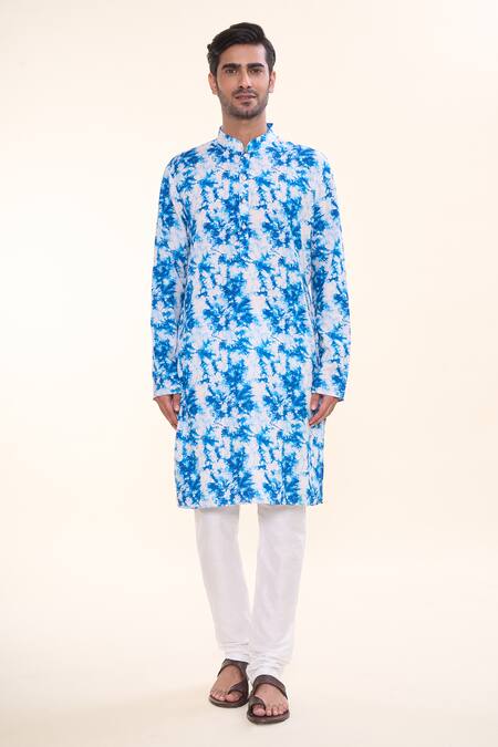 Buy_Arihant Rai Sinha_Blue Cotton, Silk Tie Dye Magic Print Kurta With Churidar _Online_at_Aza_Fashions