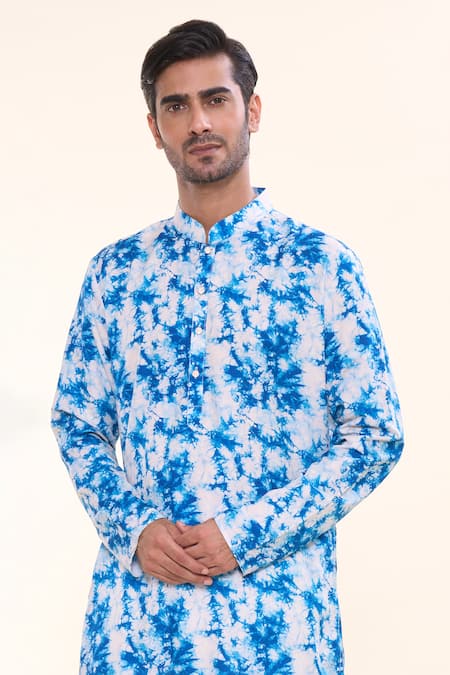 Shop_Arihant Rai Sinha_Blue Cotton, Silk Tie Dye Magic Print Kurta With Churidar _Online_at_Aza_Fashions