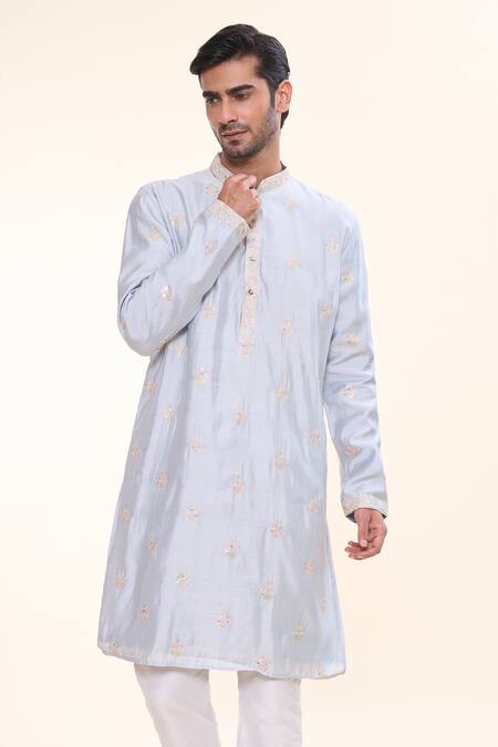 Buy_Arihant Rai Sinha_Grey Silk, Cotton Sequins Bloom Crest Embroidered Kurta With Churidar _Online_at_Aza_Fashions