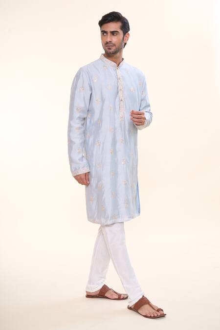 Shop_Arihant Rai Sinha_Grey Silk, Cotton Sequins Bloom Crest Embroidered Kurta With Churidar _Online_at_Aza_Fashions