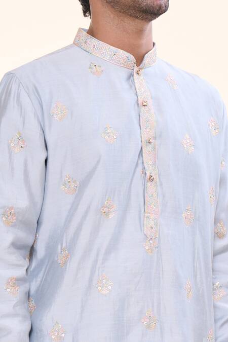 Arihant Rai Sinha_Grey Silk, Cotton Sequins Bloom Crest Embroidered Kurta With Churidar _at_Aza_Fashions