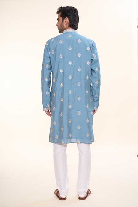 Shop_Arihant Rai Sinha_Blue , Satin Sequins, Embroidery Blossom Crest Kurta With Churidar _at_Aza_Fashions