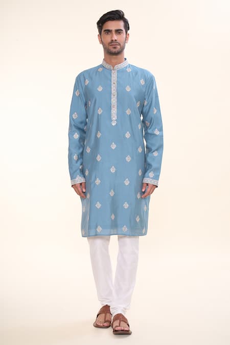 Buy_Arihant Rai Sinha_Blue , Satin Sequins, Embroidery Blossom Crest Kurta With Churidar _Online_at_Aza_Fashions