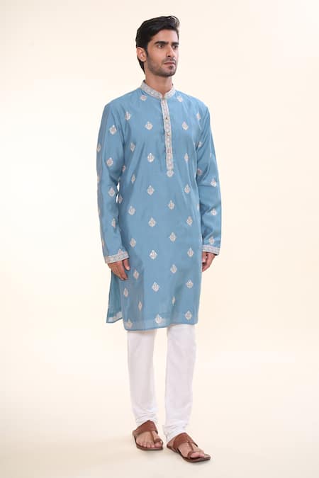 Shop_Arihant Rai Sinha_Blue , Satin Sequins, Embroidery Blossom Crest Kurta With Churidar _Online_at_Aza_Fashions