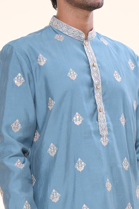 Arihant Rai Sinha_Blue , Satin Sequins, Embroidery Blossom Crest Kurta With Churidar _at_Aza_Fashions