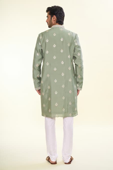 Shop_Arihant Rai Sinha_Green , Organza Sequins Fleur Crest Embroidered Kurta With Churidar _at_Aza_Fashions
