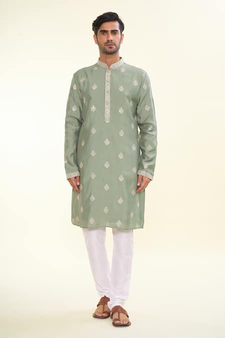 Arihant Rai Sinha_Green , Organza Sequins Fleur Crest Embroidered Kurta With Churidar _Online_at_Aza_Fashions