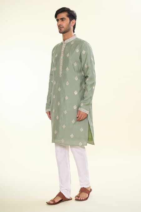 Buy_Arihant Rai Sinha_Green , Organza Sequins Fleur Crest Embroidered Kurta With Churidar _Online_at_Aza_Fashions