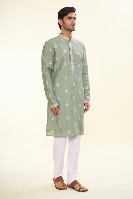 Shop_Arihant Rai Sinha_Green , Organza Sequins Fleur Crest Embroidered Kurta With Churidar _Online_at_Aza_Fashions