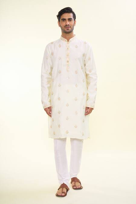 Arihant Rai Sinha_Cream Silk, Acrylic, Cotton Embroidery Florin Crest Kurta With Churidar _Online_at_Aza_Fashions