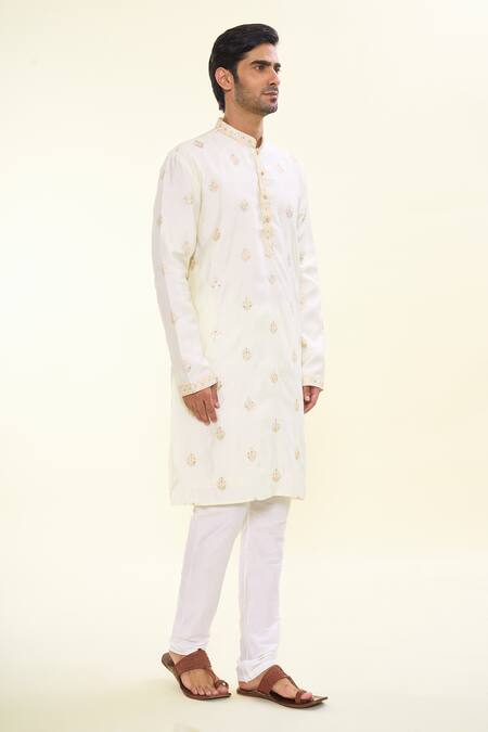 Buy_Arihant Rai Sinha_Cream Silk, Acrylic, Cotton Embroidery Florin Crest Kurta With Churidar _Online_at_Aza_Fashions