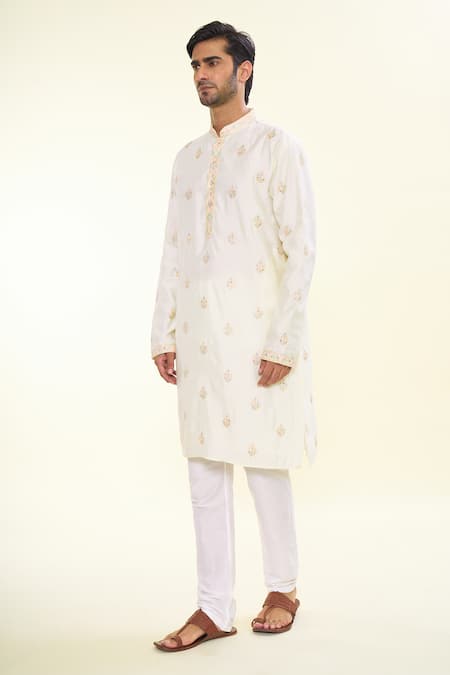 Shop_Arihant Rai Sinha_Cream Silk, Acrylic, Cotton Embroidery Florin Crest Kurta With Churidar _Online_at_Aza_Fashions