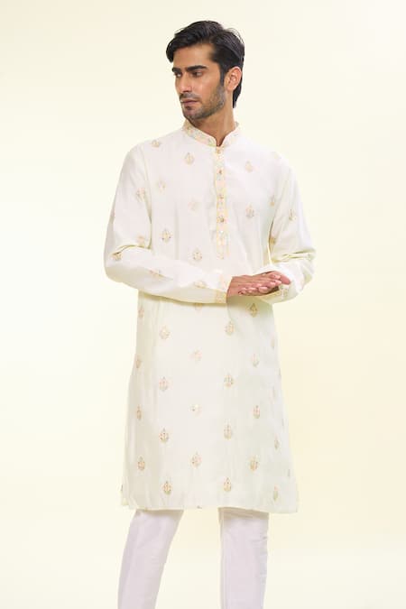 Arihant Rai Sinha_Cream Silk, Acrylic, Cotton Embroidery Florin Crest Kurta With Churidar _at_Aza_Fashions