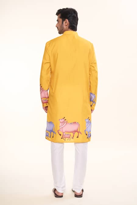 Shop Arihant Rai Sinha Yellow Cotton, Silk Embroidery Kamdhenu Print Kurta With Churidar at Aza Fashions Shop_Arihant Rai Sinha_Yellow Cotton, Silk Embroidery Kamdhenu Print Kurta With Churidar _at_Aza_Fashions