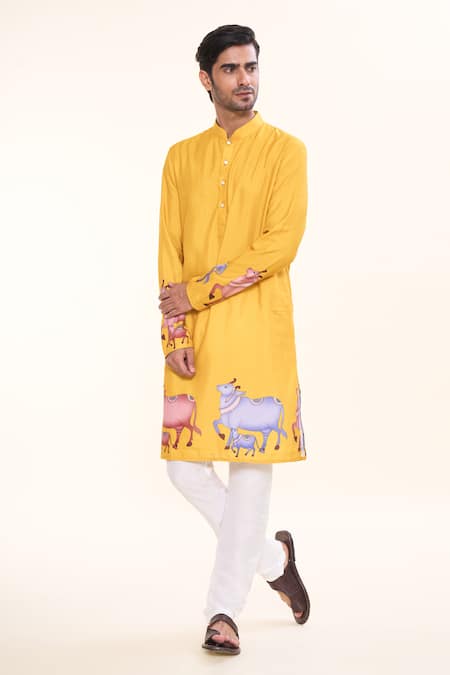 Arihant Rai Sinha Yellow Cotton, Silk Embroidery Kamdhenu Print Kurta With Churidar Online at Aza Fashions Arihant Rai Sinha_Yellow Cotton, Silk Embroidery Kamdhenu Print Kurta With Churidar _Online_at_Aza_Fashions