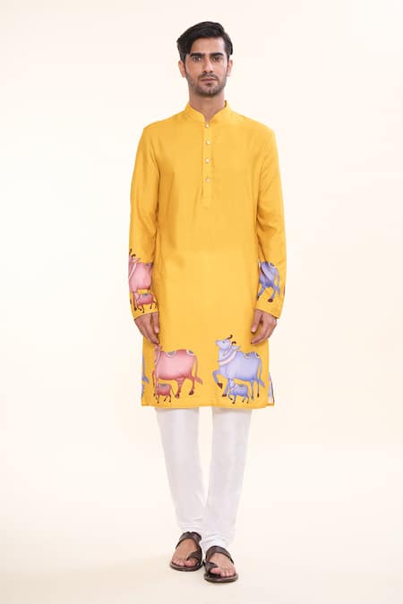 Arihant Rai Sinha Yellow Cotton, Silk Embroidery Kamdhenu Print Kurta With Churidar at Aza Fashions Arihant Rai Sinha_Yellow Cotton, Silk Embroidery Kamdhenu Print Kurta With Churidar _at_Aza_Fashions