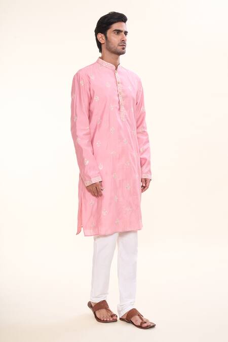 Shop Arihant Rai Sinha Pink Silk Sequins Persian Crest Embroidered Kurta Online at Aza Fashions Shop_Arihant Rai Sinha_Pink Silk Sequins Persian Crest Embroidered Kurta _Online_at_Aza_Fashions