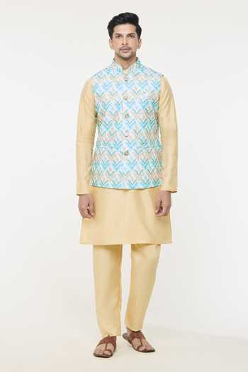 Arihant Rai Sinha Multi Color Silk Embroidery Chevron Print Bundi Kurta Set Online at Aza Fashions Arihant Rai Sinha_Multi Color Silk Embroidery Chevron Print Bundi Kurta Set _Online_at_Aza_Fashions