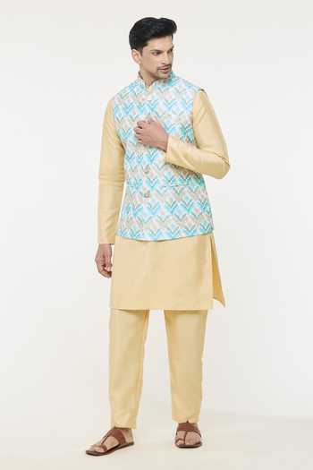 Shop Arihant Rai Sinha Multi Color Silk Embroidery Chevron Print Bundi Kurta Set Online at Aza Fashions Shop_Arihant Rai Sinha_Multi Color Silk Embroidery Chevron Print Bundi Kurta Set _Online_at_Aza_Fashions