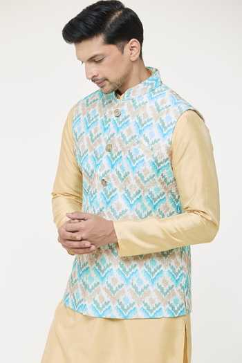 Arihant Rai Sinha Multi Color Silk Embroidery Chevron Print Bundi Kurta Set at Aza Fashions Arihant Rai Sinha_Multi Color Silk Embroidery Chevron Print Bundi Kurta Set _at_Aza_Fashions